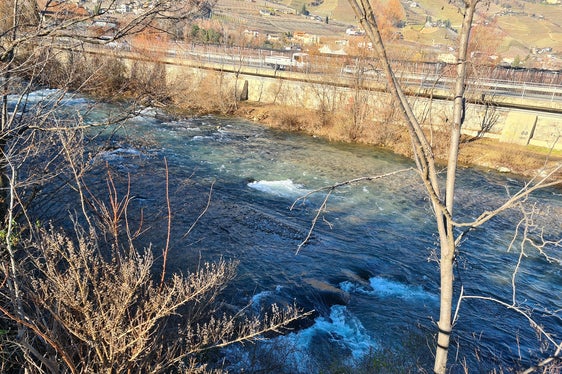 Die Mannschaft der Wildbachverbauung baut Strukturelemente aus Zyklopensteinen, sogenannte Buhnen, in das Flussbett der Falschauer in Lana ein, lagert Schotter um und errichtet ein Niedrigwassergerinne. (LPA/Landesamt für Wildbach- und Lawinenverbauung Süd)