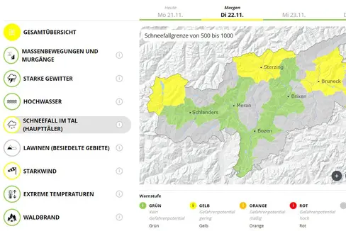 Für morgen (Dienstag, 22. November) hat der Landeswetterdienst ab 500 bis 1000 Höhenmetern Schneefälle angekündigt. Für alle Haupttäler gilt deshalb morgen die Warnstufe Gelb. Auch in den Seitentälern, vor allem im Dolomitengebiet und auch im Ahrntal, ist mit Schneefall zu rechnen. (Quelle: Landeswarnzentrum in der Agentur für Bevölkerungsschutz)