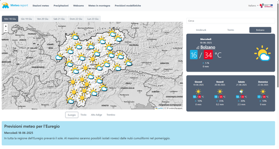 Der Euregio-Wetterbericht (im Bild mit Vorhersage für Bozen) ist unter https://meteo.report/ abrufbar. (Foto: LPA/Amt für Meteorologie und Lawinenwarnung)