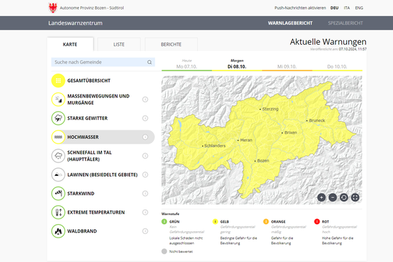 Warnlagebericht vom Dienstag, 8. Oktober: die Warnstufe steigt im Hinblick auf die Hochwassergefahr auf Gelb (Foto: Warnlagebericht des Landeswarnzentrums in der Agentur für Bevölkerungsschutz)