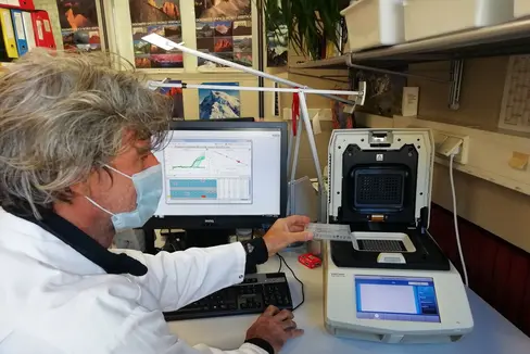 Personale tecnico del Laboratorio Analisi alimenti e sicurezza dei prodotti durante la determinazione di organismi geneticamente modificati tramite lo strumento Realtime PCR