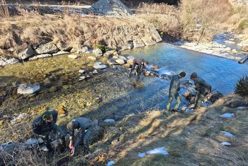 Das Verfahren für Abflussmessungen in Flüssen und Bächen haben Mitglieder des Landesforstkorps eingeübt, um sie als zuständiges Kontrollorgan durchführen zu können. (Foto: LPA/Landesamt für Hydrologie und Stauanlagen)