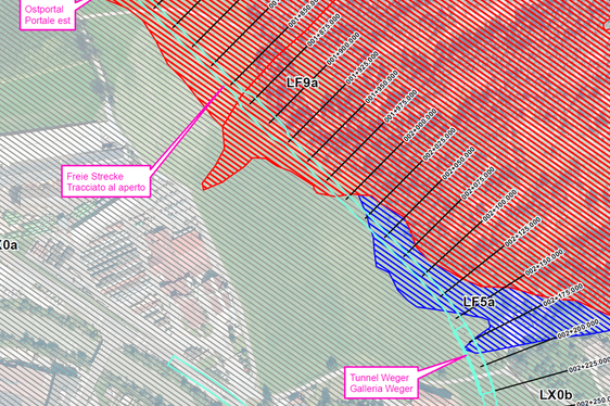 Gefahrenzonenkarte Massenbewegungen (Steinschlaggefahr) im Trassenabschnitt zwischen Ostportal des bergmännischen Tunnels und Tunnel Weger (Quelle: Landesamt für Straßenbau Nord/Ost)