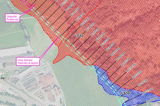 Il Piano delle zone di pericolo di Chienes nel tratto tra il portale Est della galleria principale e la galleria Weger (Fonte: Ufficio tecnico strade Nord-Est)