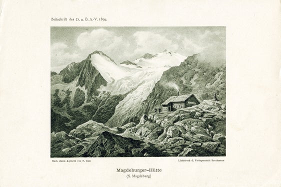 Neben 22 fotografischen Vergleichen von Gletschern aus dem Trentino, Südtirol und Tirol zeigt die Ausstellung Goodbye Glaciers. Forever? Messinstrumente aus den Bereichen Glaziologie, Hydrologie, Meteorologie sowie Erkenntnisse aus dem Gletscherschwund. Auf Monitoren werden die jüngsten Entwicklungen beobachtet, und zwar sowohl durch Foto-Webcams als auch durch Satelliten. Unter anderem zu sehen ist der Feuersteinferner in Pflersch im Jahr 1894, dargestellt in einem Aquarell von Ferdinand Gatt. (Foto: LPA/Archiv Deutscher Alpenverein)