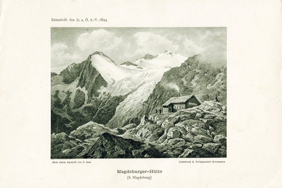 Neben 22 fotografischen Vergleichen von Gletschern aus dem Trentino, Südtirol und Tirol zeigt die Ausstellung Goodbye Glaciers. Forever? Messinstrumente aus den Bereichen Glaziologie, Hydrologie, Meteorologie sowie Erkenntnisse aus dem Gletscherschwund. Auf Monitoren werden die jüngsten Entwicklungen beobachtet, und zwar sowohl durch Foto-Webcams als auch durch Satelliten. Unter anderem zu sehen ist der Feuersteinferner in Pflersch im Jahr 1894, dargestellt in einem Aquarell von Ferdinand Gatt. (Foto: LPA/Archiv Deutscher Alpenverein)