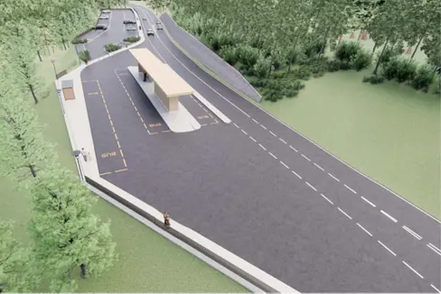 Der neue Busbahnhof in Birchabruck soll ein kleiner Mobilitätshub werden, der den Umstieg von einem Verkehrsmittel aufs andere erleichtert. (Rendering: LPA/Baucon/Simon Neulichedl)