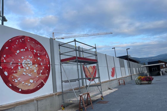 Kunst am Bau an der Lärmschutzwand zwischen dem Zugbahnhof und der Bushaltestelle: Es ist die dritte Kunstaktion am Mobilitätszentrum Brixen. (Foto: LPA/Ressort Mobilität)