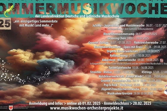 Anmeldungen zu den Sommermusikwochen und Orchesterprojekten der Landesdirektion Deutsche und ladinische Musikschule können ausschließlich online vom 1. bis 28. Februar erfolgen.