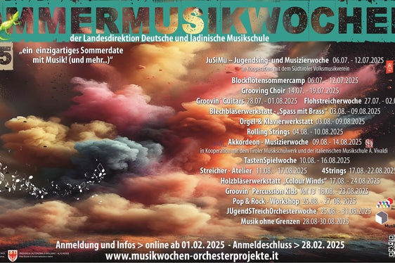 Anmeldungen zu den Sommermusikwochen und Orchesterprojekten der Landesdirektion Deutsche und ladinische Musikschule können ausschließlich online vom 1. bis 28. Februar erfolgen.