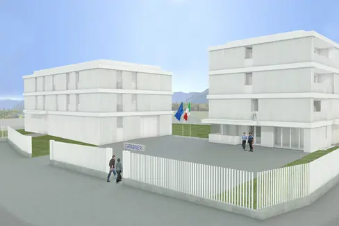 Das Rendering der neuen Carabinieri-Kaserne in Eppan, die im Ex-Mercanti-Areal entsteht. Die offizielle Grundsteinlegung findet am 26. Februar um 10.00 Uhr in der Bozner Straße statt. (Rendering: Roland Baldi Architects)