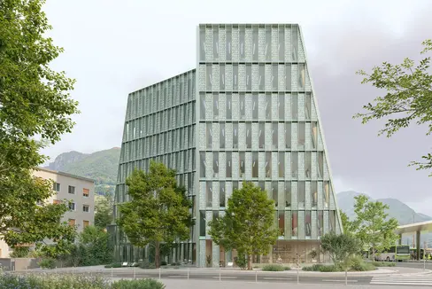 Das Haus der Mobilität entsteht an der Stelle des heutigen Landhauses 5, in der Nähe des Bahnhofs, der Rittner Seilbahn und des Busbahnhofs. (Rendering: Ressort Infrastrukturen und Mobilität)