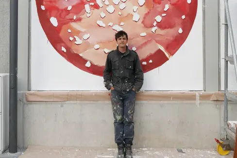 Arte in architettura l’artista Egeon decora la barriera antirumore del Centro mobilità di Bressanone con 19 funghi giganti (Foto: ASP/Matteo Picelli)