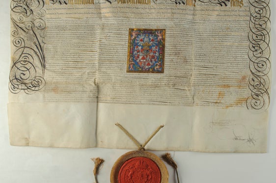 Diploma imperiale di aumento dello stemma dei Rottenbucher, Archivio provinciale di Bolzano, Archivio Lachmüller 1573 (Foto: USP/Archivio provinciale)