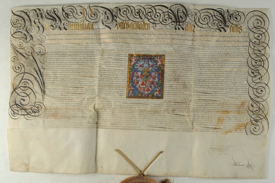 Diploma imperiale di aumento dello stemma dei Rottenbucher, Archivio provinciale di Bolzano, Archivio Lachmüller 1573 (Foto: USP/Archivio provinciale)