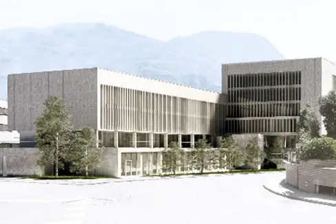 So soll der neue gemeinsame Sitz der italienischen Berufsschulen G. Marconi und E. Lèvinas in Meran aussehen. (Foto: LPA)