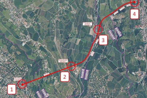 Plan für die Standseilbahn: Start beim Karl-Wolf-Parkplatz in Meran, zwei Zwischenstationen beim Gewerbegebiet von Tirol und in der Nähe des Sportplatzes Schenna, Berg- und Endstation neben dem Vereinshaus in Schenna. (Foto: LPA/Ressort für Mobilität)