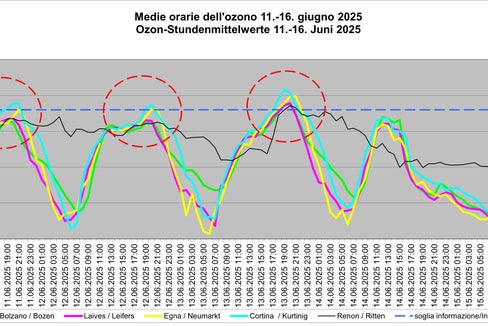 An der Messstation in Kurtinig an der Weinstraße wurde am 15. Juni die Informationsschwelle von 180 Mikrogramm Ozon pro Kubikmeter Luft (µg/m³) um 20 und um 21 Uhr überschritten (höchster Stundenmittelwert 192 µg/m³). (Grafik: LPA/Labor für Luftanalysen und Strahlenschutz)