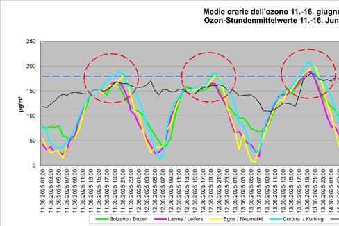 An der Messstation in Kurtinig an der Weinstraße wurde am 15. Juni die Informationsschwelle von 180 Mikrogramm Ozon pro Kubikmeter Luft (µg/m³) um 20 und um 21 Uhr überschritten (höchster Stundenmittelwert 192 µg/m³). (Grafik: LPA/Labor für Luftanalysen und Strahlenschutz)