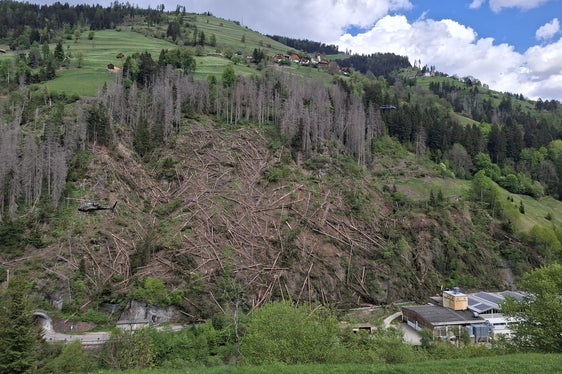 Durch Hubschrauberbringung wurden die geschlägerten Bäume aus diesem schwierigen Gelände zu bereitstehenden Lagerplätzen verfrachtet. Ein kleiner Teil verbleibt in der Fläche in Form von quer gefällten Bäumen, um die Oberflächenrauigkeit zu erhöhen und als Schutz vor abrollenden Steinen und Schneerutschungen. (Foto: LPA/Forstinspektorat Bruneck/Forststation St. Vigil in Enneberg)