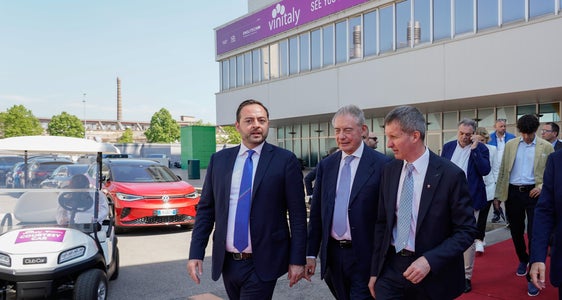 Landesrat Marco Galateo, Minister Adolfo Urso und Landesrat Luis Walcher (v. l.) auf dem Roten Teppich der Vinitaly (Foto: LPA/Abteilung Landwirtschaft)