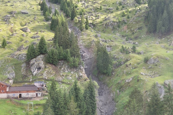 Lungo il rio Höllental a Parcines sono stati sommersi dalla frana una strada forestale e l'accesso a un maso. L'Ufficio Sistemazione bacini montani ovest ha iniziato i lavori di sgombero. (Foto: USP/Ufficio Sistemazione bacini montani ovest/Roland Gufler)