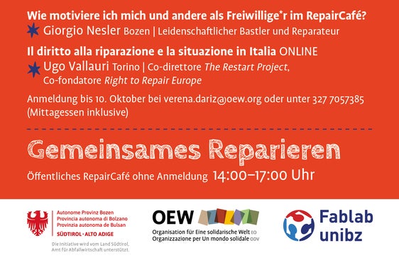 Flyer zum RepairCafé Netzwerktreffen, das am Welttag der Reparatur am 17. Oktober im „Fablab unibz“ in Bozen stattfinden wird