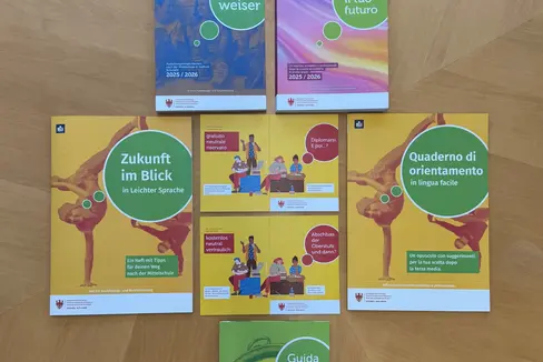 Diversi opuscoli forniscono informazioni sull'attuale offerta di scuole, corsi di studio, formazione continua e professioni in Alto Adige. Una novità è rappresentata da una brochure in lingua facile rivolto ai giovani con difficoltà di comprensione. (Foto: USP/Ufficio Orientamento scolastico e professionale)