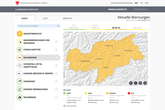 In Kombination mit der bereits vorhandenen Sättigung der Böden und der hohen Null-Grad-Grenze und zunehmender Niederschlagsintensität wird das Niederschlagsereignis in der Nacht von Dienstag auf Mittwoch zu einem Anstieg der Pegel an Haupt- und Nebenflüssen führen: Der Warnlagebericht vom Mittwoch, 9. Oktober, weist deshalb für die Hochwassergefahr die zweithöchste Stufe Orange auf. (Foto: Warnlagebericht des Landeswarnzentrums in der Agentur für Bevölkerungsschutz)