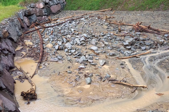 Das Rückhaltebecken im Streitmoserbach in Blumau war nach einem Starkregenereignis voller Geröll, Schlamm und Wildholz. (Foto: LPA/Erhard Falser)