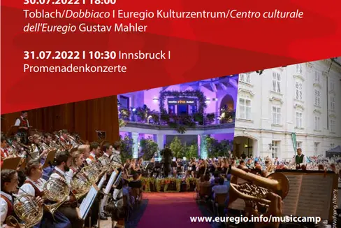 La locandina dei concerti che si terranno nei tre territori dell’Euregio. L'Orchesta giovanile di Fiati si esibirà a Tesero, Dobbiaco e Innsbruck.