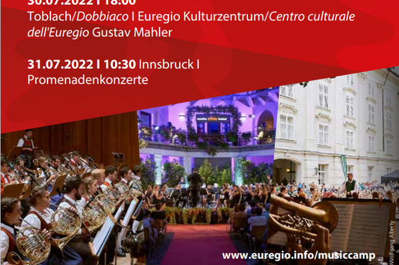 La locandina dei concerti che si terranno nei tre territori dell’Euregio. L'Orchesta giovanile di Fiati si esibirà a Tesero, Dobbiaco e Innsbruck.