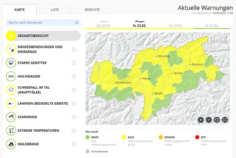A causa del potenziale di rischio per i movimenti di massa e le colate detritiche, per la giornata di venerdì 23 febbraio è previsto lo stato di protezione civile giallo su diversi territori della provincia. (Foto: ASP/Centro funzionale provinciale di Bolzano)