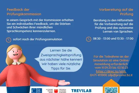 Am 18.Oktober können Interessierte mit Anmeldung an einer Simulation einer Zwei- oder Dreisprachigkeitsprüfung teilnehmen, es gibt auch sonst Informationen rund um die Zwei- und Dreisprachigkeitsprüfungen. (Foto: LPA/Dienststelle für Zwei- und Dreisprachigkeitsprüfung)