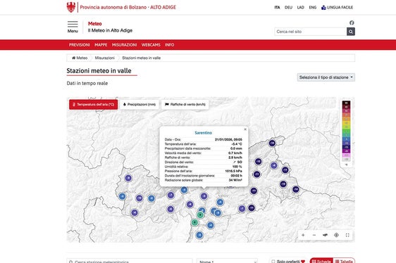 Il nuovo portale meteo: le stazioni meteorologiche in valle.