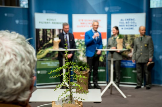 Kampagne Waldatem - respiro del bosco - fla dl bosch vorgestellt: (von links) Forstwirtschaftslandesrat Luis Walcher, Landesforstdirektor Günther Unterthiner, Försterin Teresa Staffler, Forststationsleiter Giorgio Sivieri (Foto: LPA/Fabio Brucculeri)