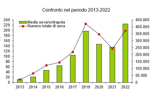 Confronto del numero medio di uova di zanzara tigre nel periodo 2013-2022 (Fonte: Agenzia provinciale per l’ambiente e la tutela del clima, 2023)