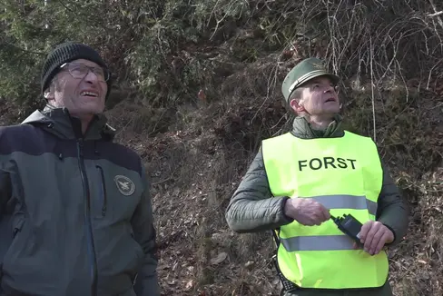 Begutachtung der Schadensfläche nach dem Waldbrand am Marlinger Berg: der Direktor des Forstinspektorats Meran Peter Klotz (li.) und der Leiter der Forststation Lana Albert Alber (Foto: LPA/Landesamt für Forstplanung)