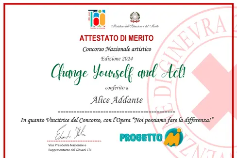 Primo premio ad Alice Addante, della scuola media Filzi di Laives, al concorso nazionale Change yourself and act! 2024, realizzato da Croce rossa italiana e Ministero dell'istruzione e del merito (Foto: ASP/Scuola media Filzi)
