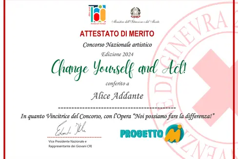 Primo premio ad Alice Addante, della scuola media Filzi di Laives, al concorso nazionale Change yourself and act! 2024, realizzato da Croce rossa italiana e Ministero dell'istruzione e del merito (Foto: ASP/Scuola media Filzi)
