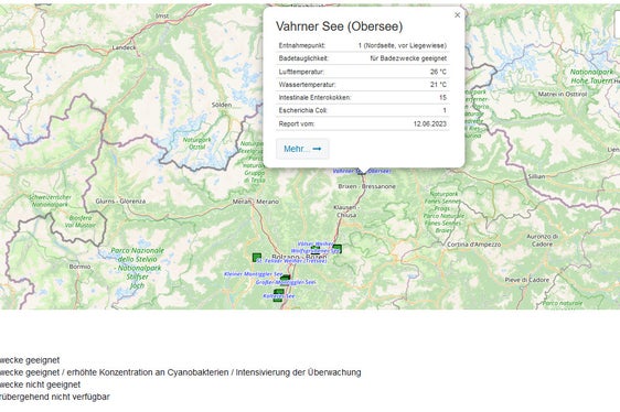I punti di controllo del monitoraggio, i risultati dei test e la balneabilità di ciascuno degli otto laghi monitorati dell'Alto Adige sono disponibili online su una mappa interattiva. (Foto: ASP/Laboratorio Biologico)