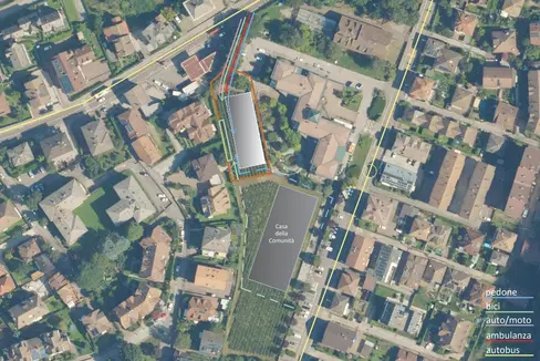 Der neue Sitz des Roten Kreuzes in Leifers soll zwischen der Kennedystraße und der Unterbergstraße entstehen und eine verbesserte Zufahrt haben. (Grafik: LPA/Hochbau, Valorisierung des Vermögens, Grundbuch und Kataster)