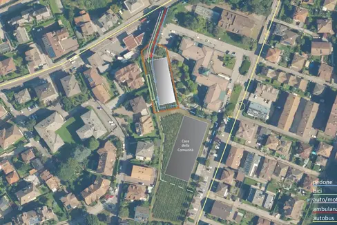 Der neue Sitz des Roten Kreuzes in Leifers soll zwischen der Kennedystraße und der Unterbergstraße entstehen und eine verbesserte Zufahrt haben. (Grafik: LPA/Hochbau, Valorisierung des Vermögens, Grundbuch und Kataster)