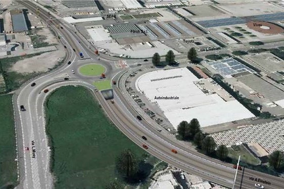 Der neu geplante Kreuzungspunkt der Einstein-Straße mit der Galvani-Straße von Osten gesehen (Rendering: Landesabteilung Tiefbau)