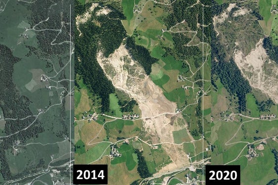 Direkter Vergleich: der Hang vor (2011), kurz (2014) und länger (2020) nach der Rutschung vom 13. Dezember 2012. (Archivfotos: Landeswarnzentrum in der Agentur für Bevölkerungsschutz)