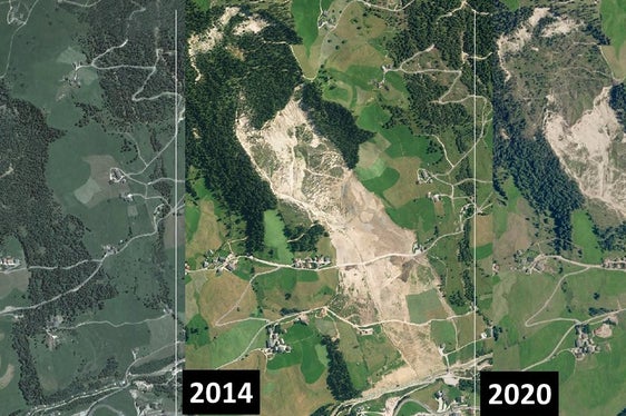 Direkter Vergleich: der Hang vor (2011), kurz (2014) und länger (2020) nach der Rutschung vom 13. Dezember 2012. (Archivfotos: Landeswarnzentrum in der Agentur für Bevölkerungsschutz)