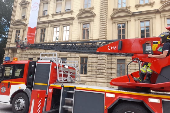 Auch das gehört zu ihren Einsätzen: Berufsfeuerwehrmänner im Stichschutzanzug im Korb der Drehleiter bei einer technischen Hilfeleistung, dem Einholen eines Bienenvolks auf dem Landhaus 1 im Juni 2024. (Foto: LPA/Maja Clara)