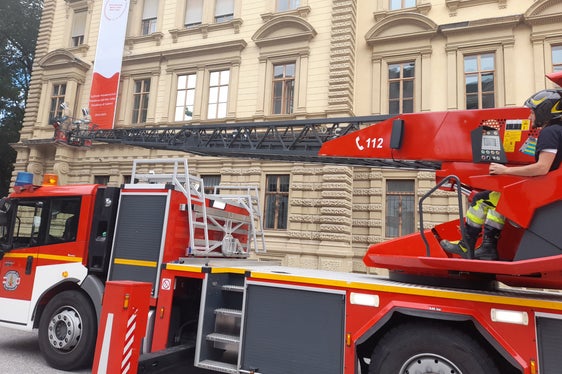 Anche questo fa parte delle loro operazioni: Vigili del Fuoco in tuta antitaglio nel cestello dell'autogru durante un'operazione di soccorso tecnico, per il recupero di una colonia di api al Palazzo provinciale 1 nel giugno 2024 (Foto: USP/Maja Clara)