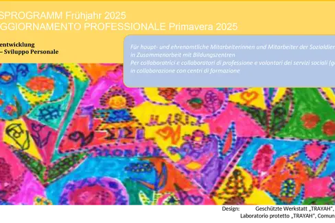 L'immagine di copertina del programma di formazione continua dei servizi sociali di quest'anno è stata disegnata dal laboratorio protetto Trayah della Comunità comprensoriale Val Pusteria (Foto: USP)