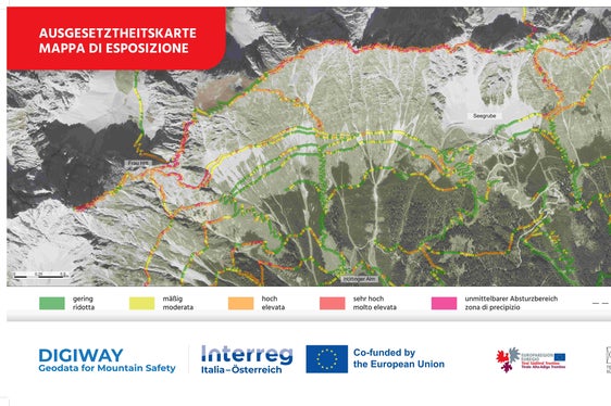 Ausgesetztheitskarte für Wanderwege: Vier Farbstufen – von grün bis rot – zeigen, wie schwerwiegend die Folgen eines Sturzes an einer bestimmten Stelle wären. (Foto: Euregio)
